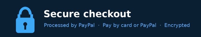 Secure checkout processed by PayPal - pay by card or PayPal